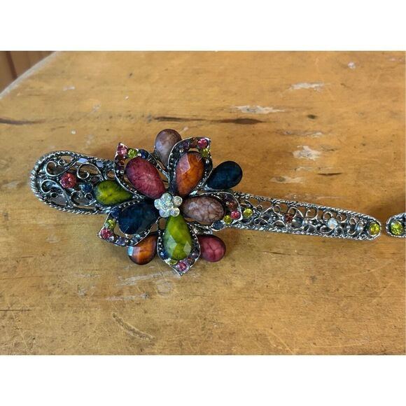 Large Vintage Rhinestone Studded Floral Alligator Hair Clips lot of 2 (8219) main image 8